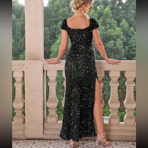 Luxe sweetheart neck slit thigh party formal sequins dress - Picture 2 of 16